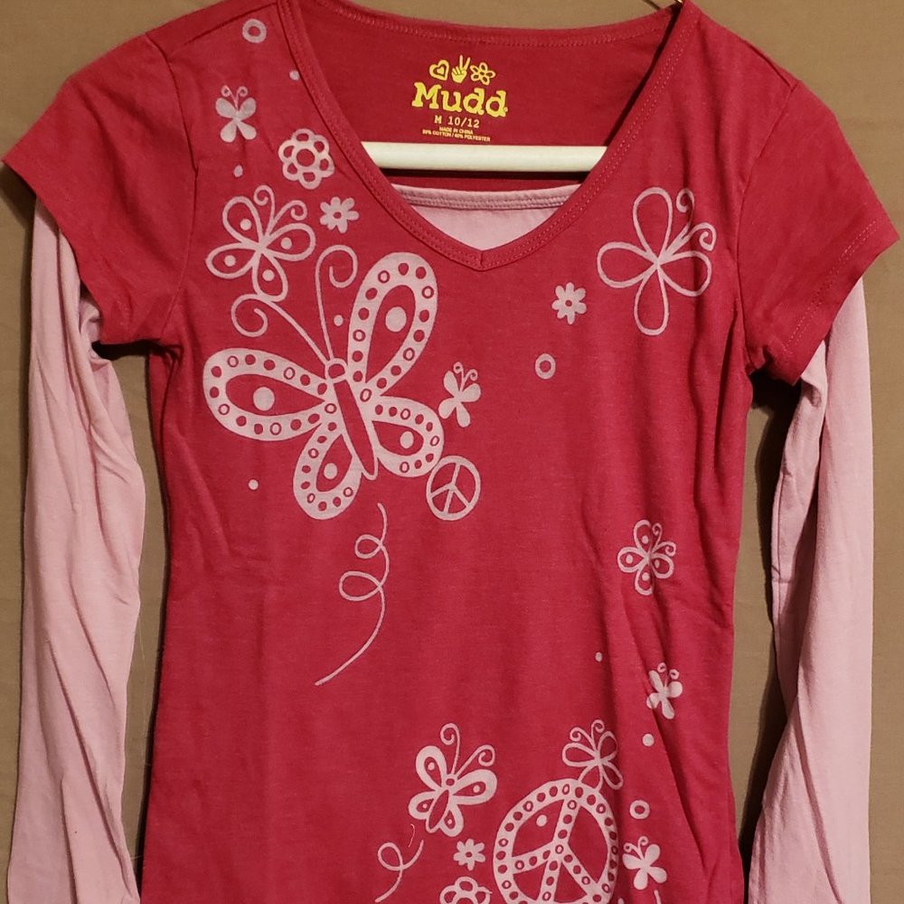 Shirt, long sleeve, Pink with butterflies, Peace symbol, flowers, Size M (10-12)